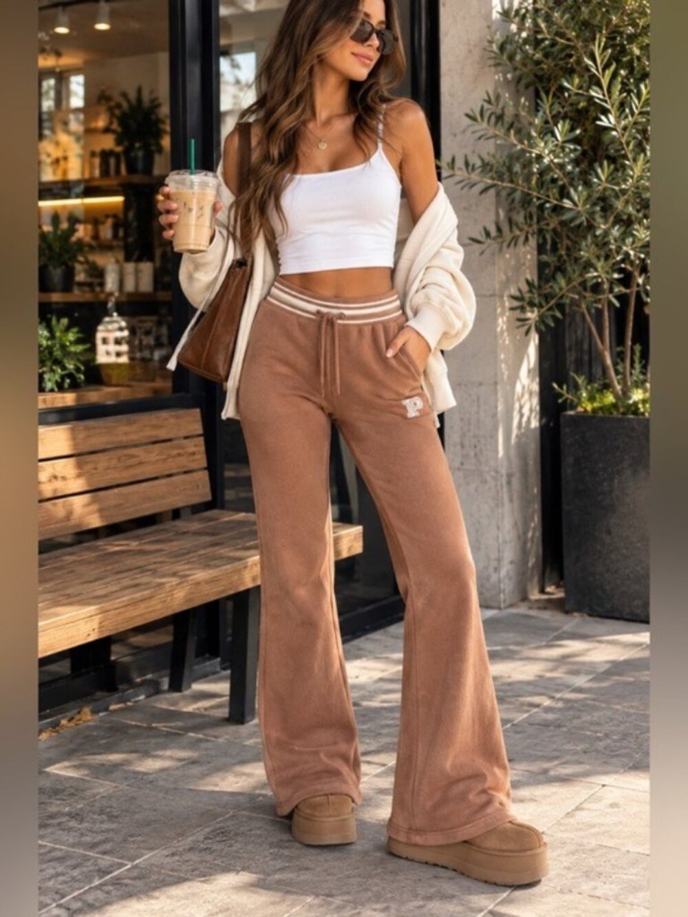 PINK Victoria’s Secret Brown Flare Sweatpants Small Y2K Striped Waist Logo